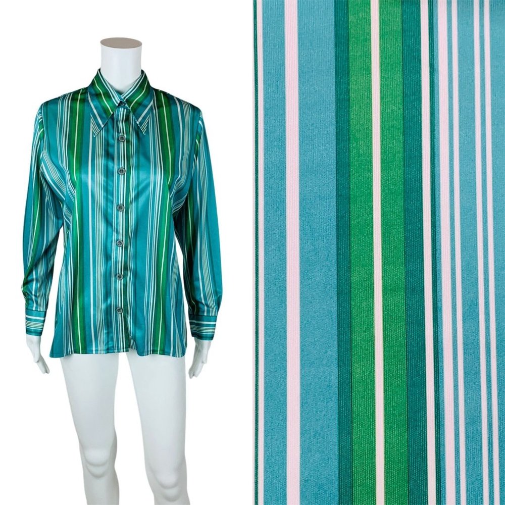 Vintage 70s Striped Satin Top Aqua Green Button Down Women's Top B 42"